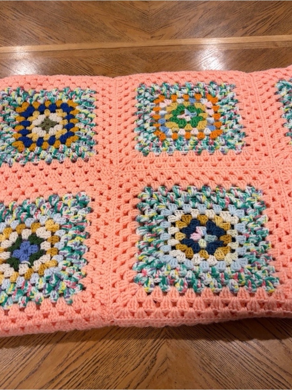 Handmade Granny Square Crochet Afghan Blanket Peach Multi Cozy Throw 49”x65”